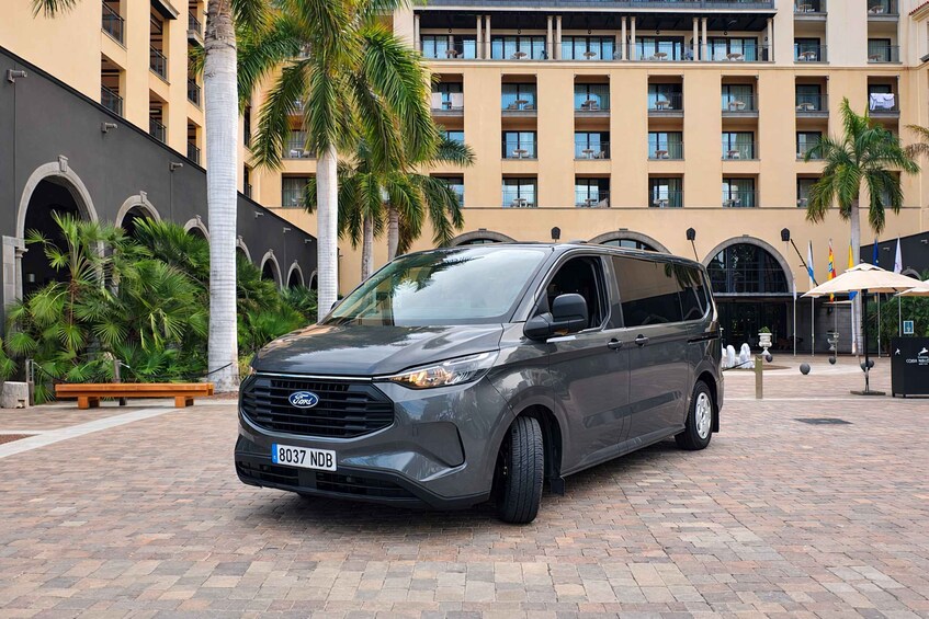 A gray Ford minivan parked in front of a hotel with palm trees and a brick walkway. 4