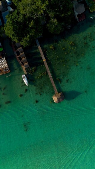 An aerial view of a coastal area with a pier extending into clear turquoise waters, a boat docked at the pier, and a cluster of thatched-roof huts. 3