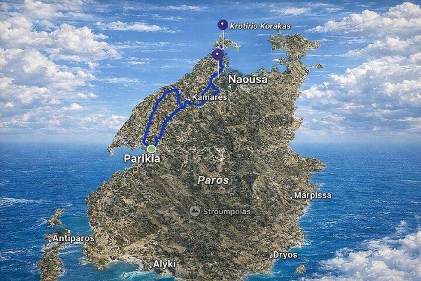 A map of a rugged island with marked locations including Krotirio Korakas, Naousa, Kamareis, Parikia, Paros, Marpissa, Stroumpolas, Antiparos, Alyki, and Dryos. 4