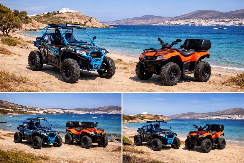 Off-road vehicles parked on a beach with a coastal landscape in the background. 2