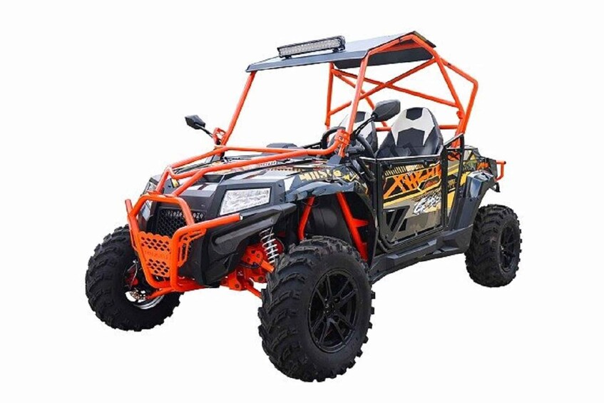 A red and black off-road vehicle with a protective cage and large tires. 3