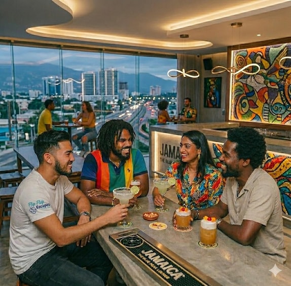 A group of people sitting at a bar with drinks, overlooking a cityscape. 2
