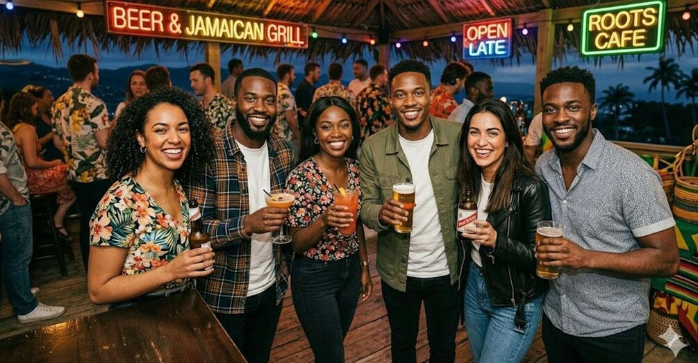 A group of people at a bar with signs for 'Beer & Jamaican Grill' and 'Roots Cafe.' 4