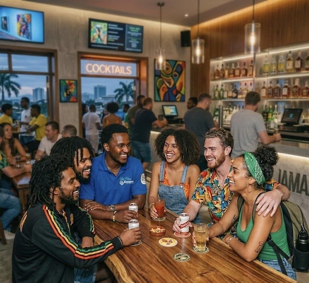 A group of people sitting at a bar with a 'COCKTAILS' sign in the background. 1
