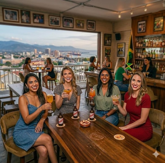 A group of people seated at a bar with a cityscape view. 5