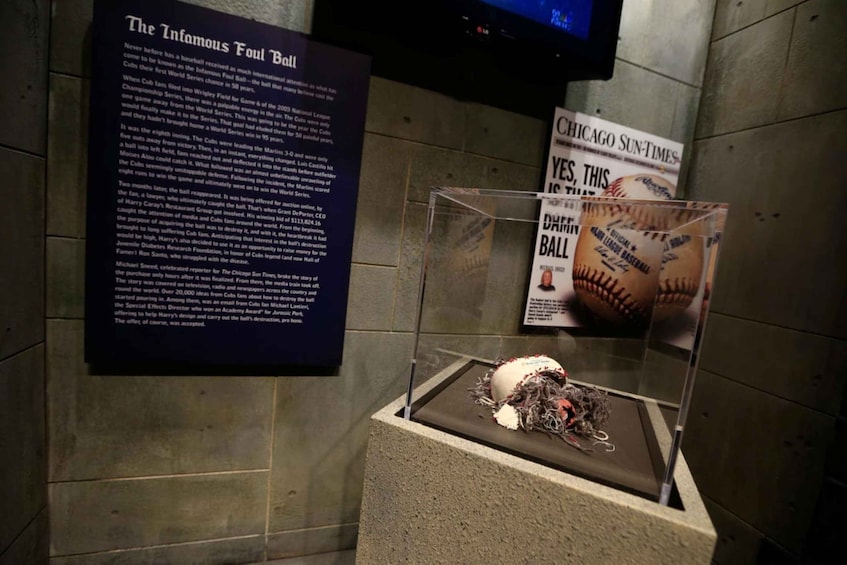 A display case with a baseball and a plaque titled 'The Infamous Foul Ball.' 5