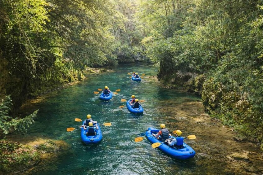 A group of people kayaking on a river surrounded by dense forest. 4