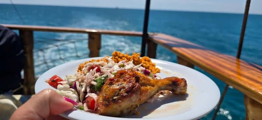 A plate of food with a grilled chicken leg and a side salad, held by a person on a boat with the ocean in the background. 4