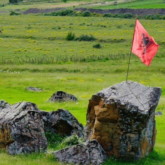 A red flag with a black emblem on a rock in a grassy field. 5