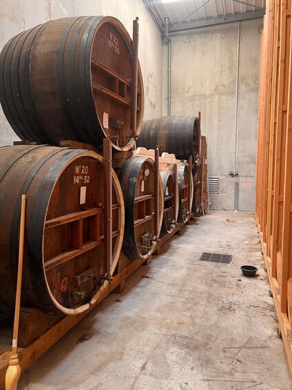 Wooden barrels lined up in a warehouse with metal racks. 1