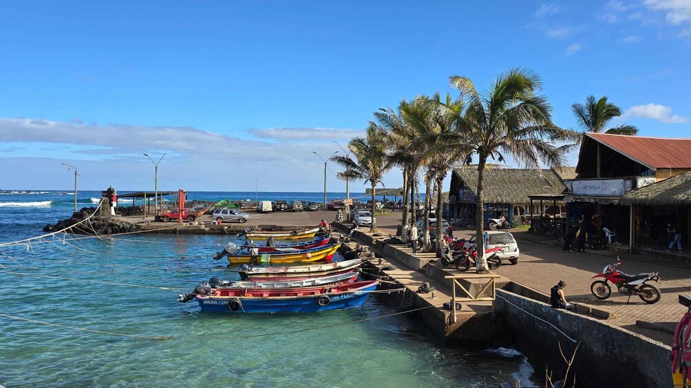 A coastal town with colorful boats docked at the pier, palm trees, and a thatched-roof building. 2