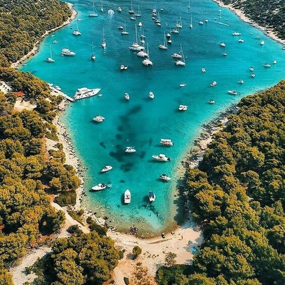 A turquoise bay with numerous sailboats anchored, surrounded by dense green foliage and sandy beaches. 2