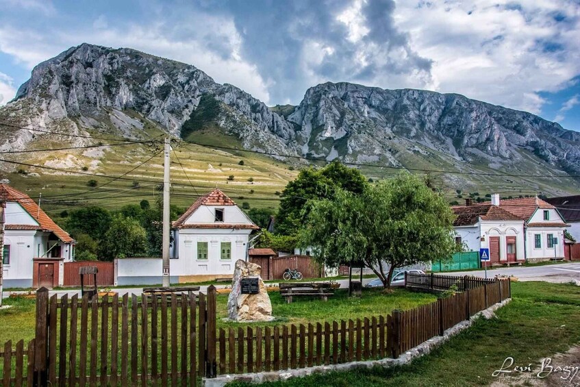 A rural village with traditional houses, a wooden fence, a stone monument, and mountains in the background. 3