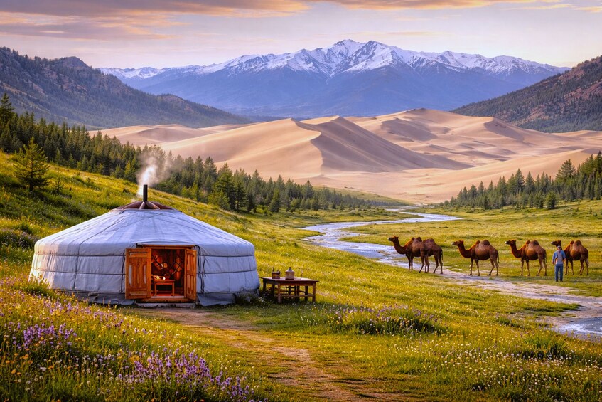 A yurt in a grassy field with mountains in the background. 2