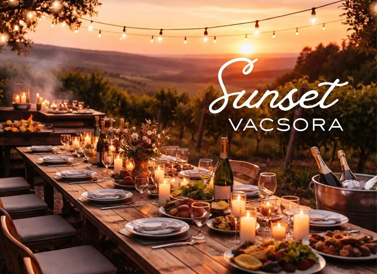 An outdoor dining setup with string lights, candles, and wine bottles at sunset. 3