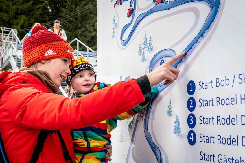 A person pointing at a sign with numbered start points for different races. 1