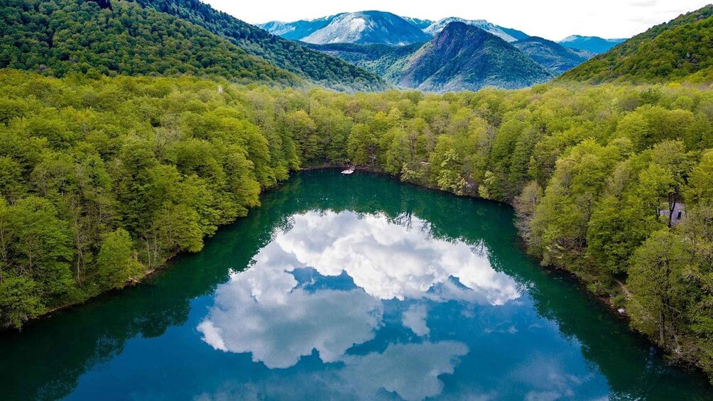 A river surrounded by dense forest and mountains. 1