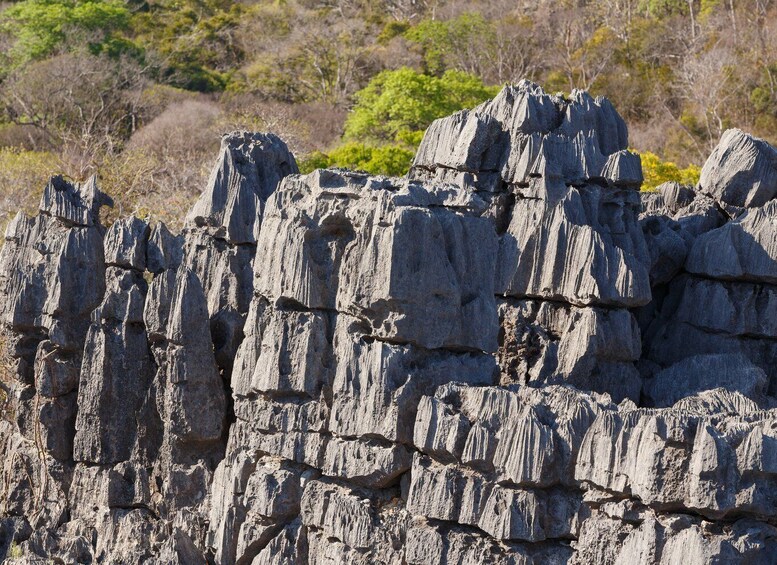 A rugged rock formation with layered strata and sparse vegetation. 4