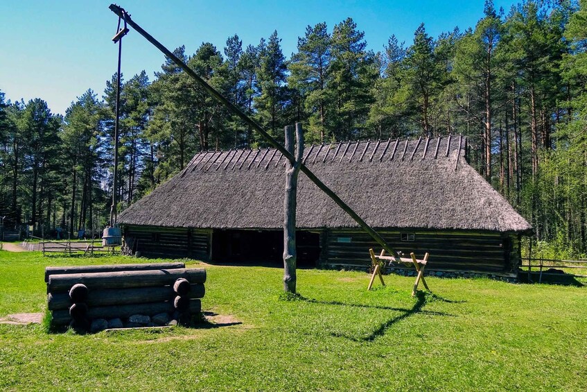 A log cabin with a thatched roof, surrounded by a forest. 3
