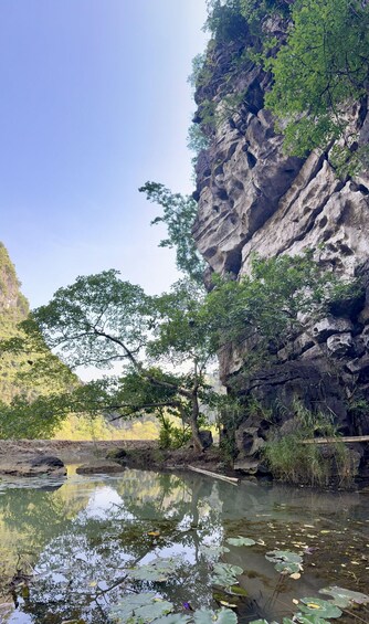 A calm river with rocks and trees reflecting on the water's surface. 2