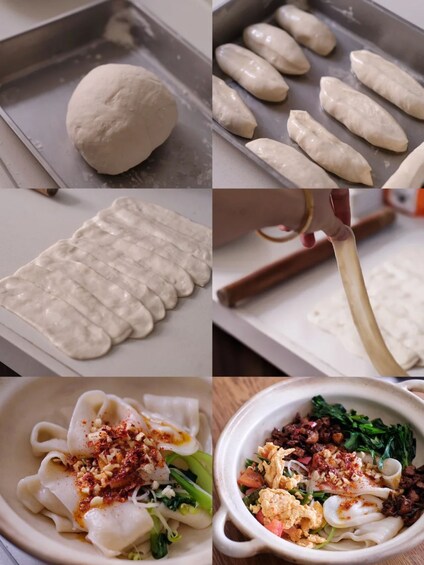 A food preparation process, including dough shaping, cooking, and serving with vegetables and meat. 5
