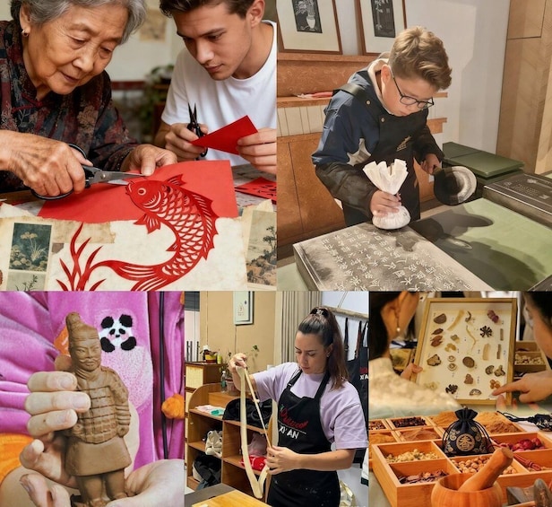 People engaged in various traditional crafts, including paper cutting, calligraphy, pottery, and herbal arrangement. 1