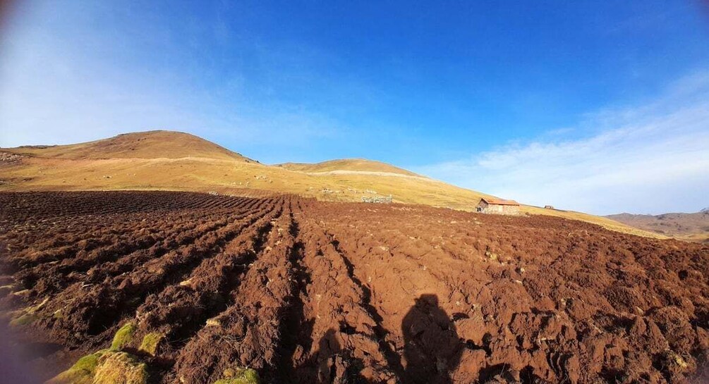 A plowed field with a farmhouse in the distance and a hill in the background. 4