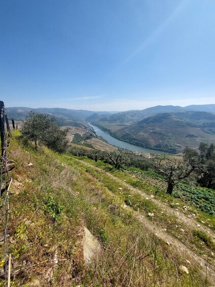 A mountainous landscape with a river, terraced fields, and a clear sky. 3