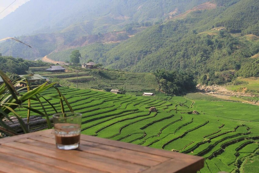Terraced rice fields, a wooden table, and a glass of beverage. 5