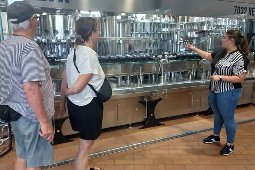 A person explaining a stainless steel machine to two others in a facility. 2