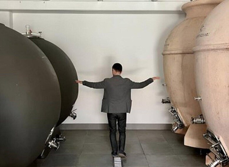 A person standing between two large industrial tanks in a room. 4