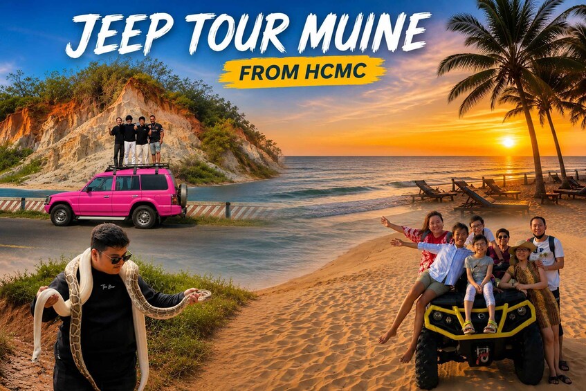 A Jeep tour in Muine with a pink vehicle, a person with a snake, and a beach scene with palm trees. 1