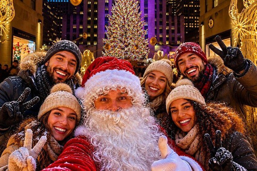 A group of people with a person in a Santa Claus costume. 1