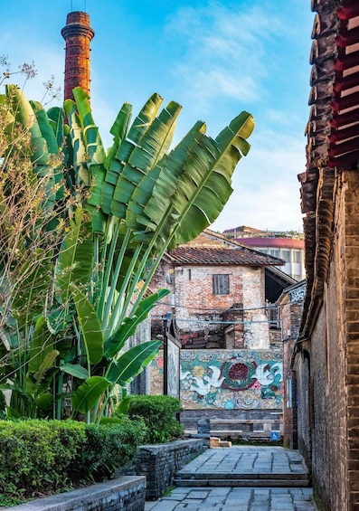 A narrow alleyway with a brick building, a large banana plant, and a mural on the wall. 3