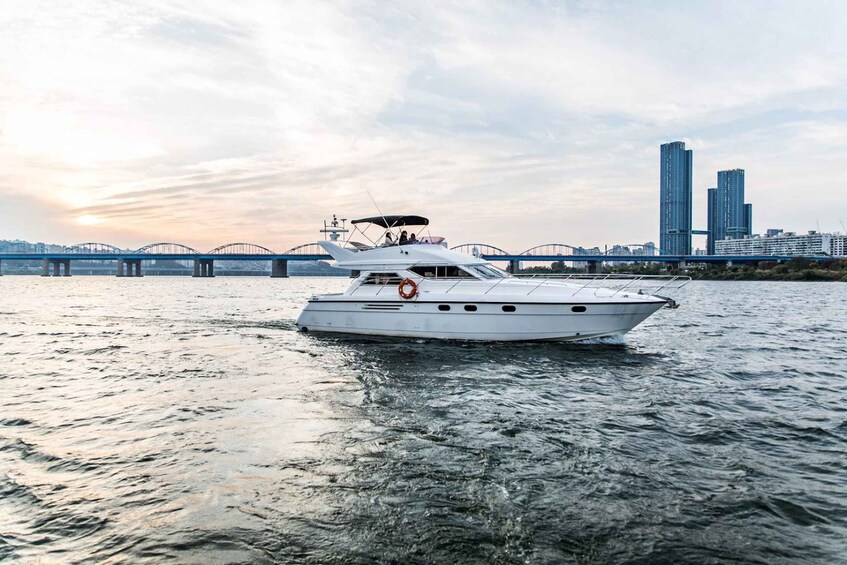 A white yacht on calm water with a city skyline and a bridge in the background. 5