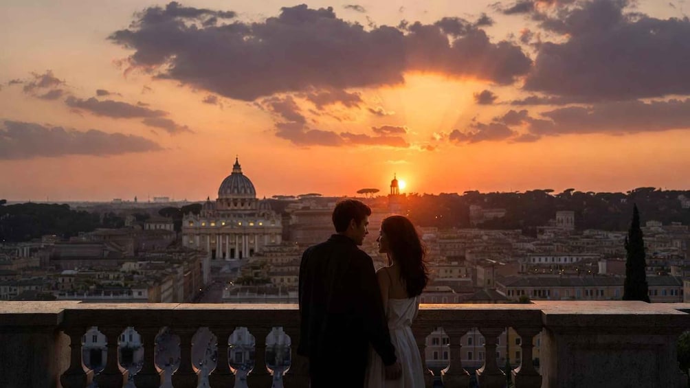 A couple on a balcony overlooking a sunset with the Vatican in the background. 2