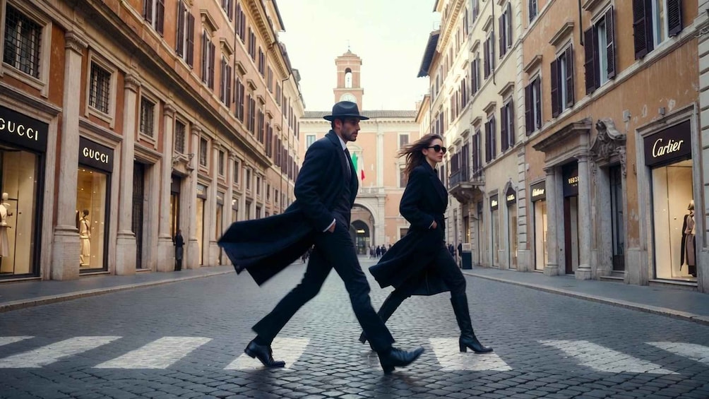 A man and woman walking on a cobblestone street between buildings with storefronts labeled 'GUCCI' and 'Cartier'. 4
