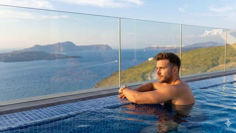 A man in a glass-bottomed infinity pool overlooking a coastal landscape with mountains and a bridge. 5