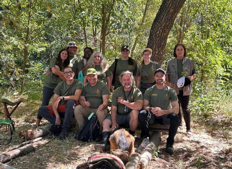 A group of people in a forested area with trees and logs on the ground. 1