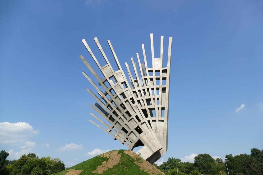 A modern sculpture with a dynamic, angular design. 2