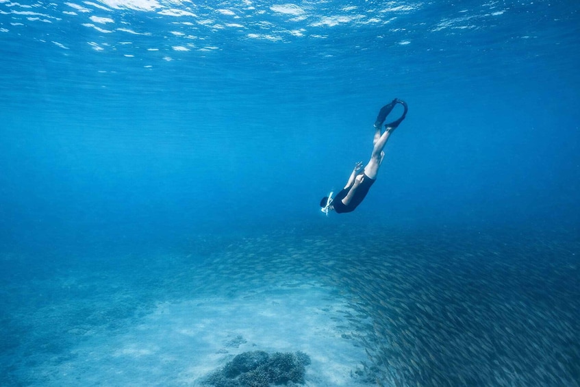 A person swimming underwater. 5
