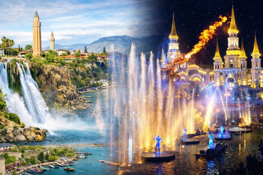 A waterfall, a castle, and a dragon with fireworks. 1