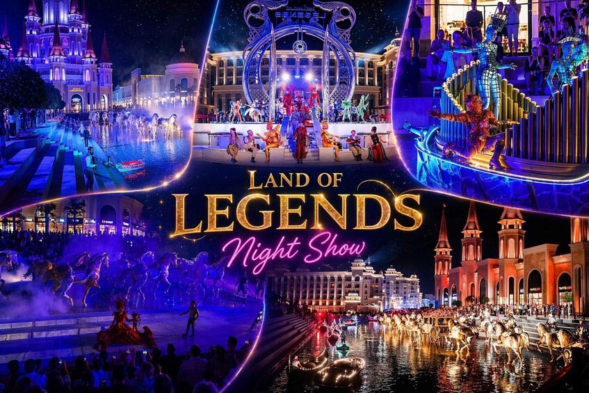 A nighttime event with illuminated buildings, a fountain, and a crowd. 2