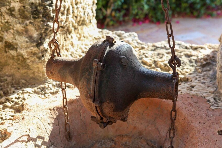 A rustic metal swing suspended by chains, set against a backdrop of a sandy ground and a tree. 5