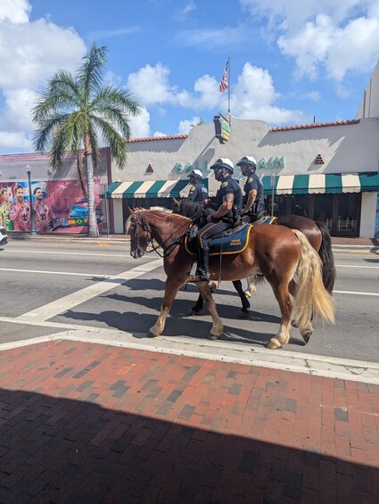 Police officers on horseback, a mural, and a storefront with a green and white awning. 2