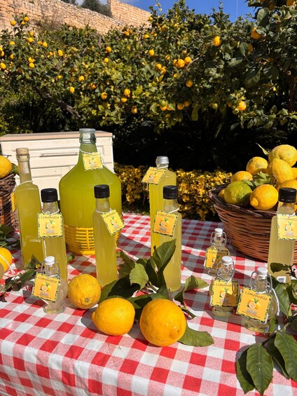 A table with bottles of Limoncello, lemons, and a basket of lemons. 5