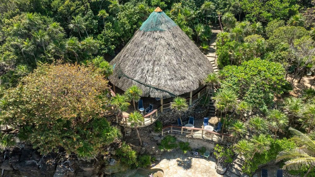 A thatched-roof hut surrounded by lush greenery and a stone staircase leading up to it. 2