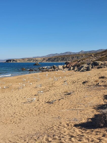 A sandy beach with scattered chairs and a rocky shoreline. 3