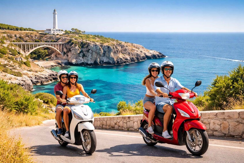 Two people on scooters, a coastal road, a lighthouse, and a rocky cliff. 2