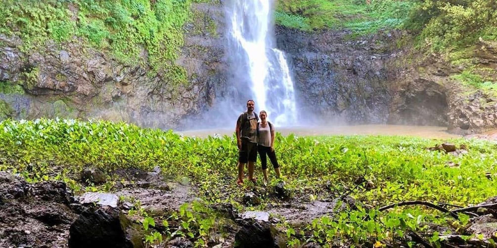 A waterfall, lush greenery, and two people standing in the foreground. 1